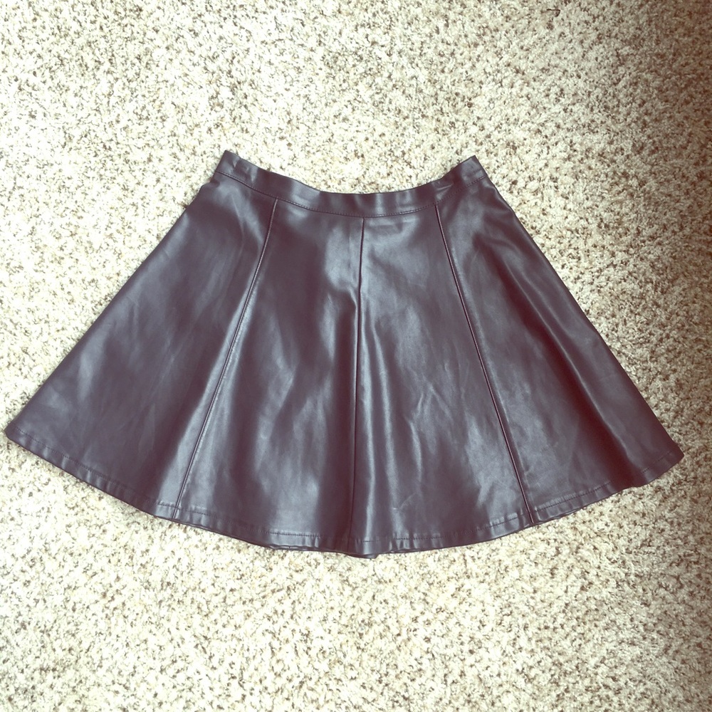 Black leather fit and flare skirt