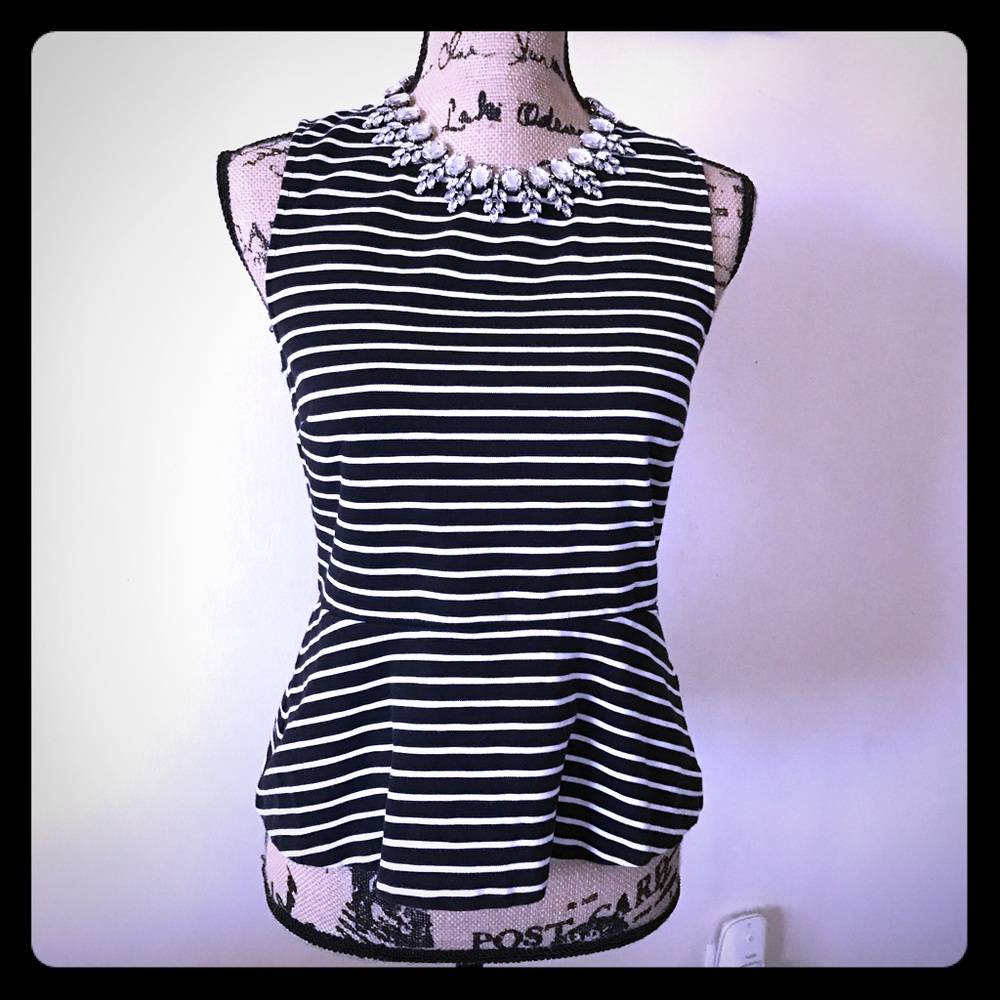J. Crew Ponte Peplum Top Stripe Black White Zipper
