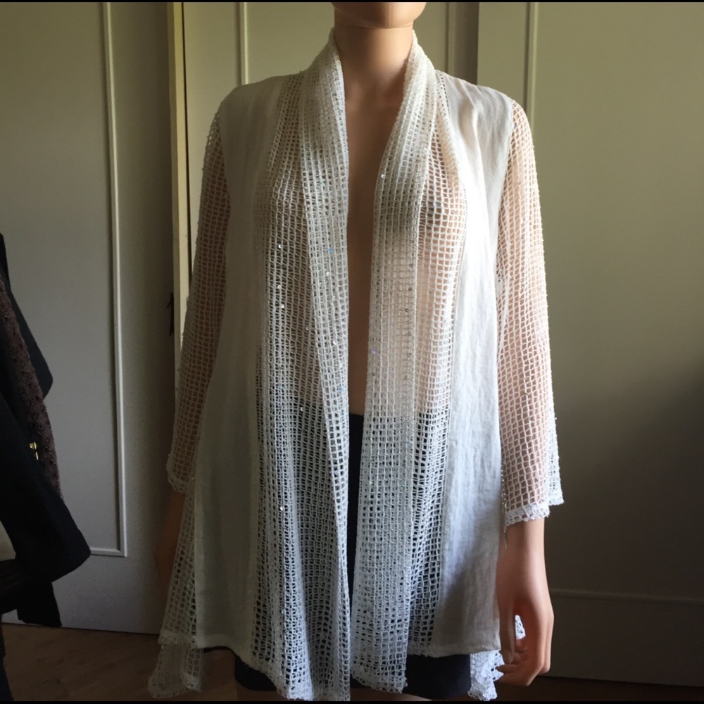 WHITE LINEN JACKET WITH NETTING/IRIDESCENT SEQUIN