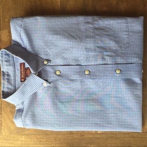 Blue button down with white stripe pattern