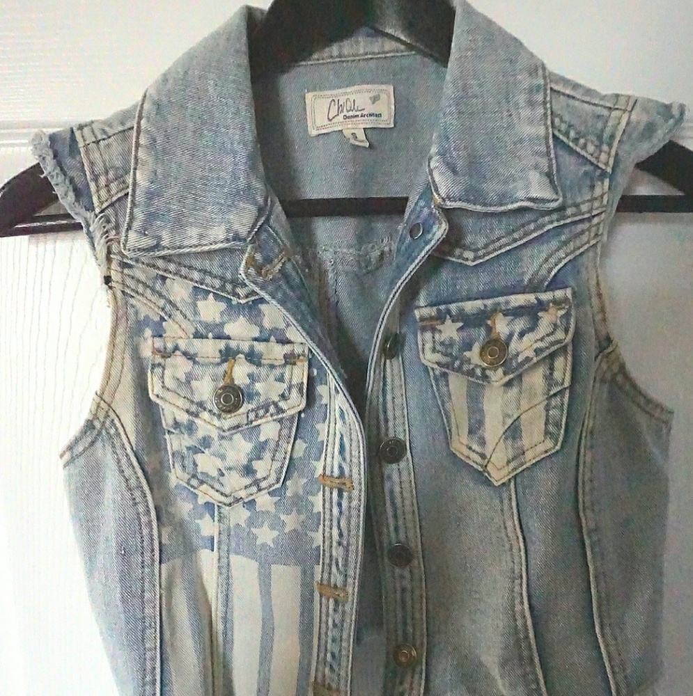 Denim American Flag distressed vest