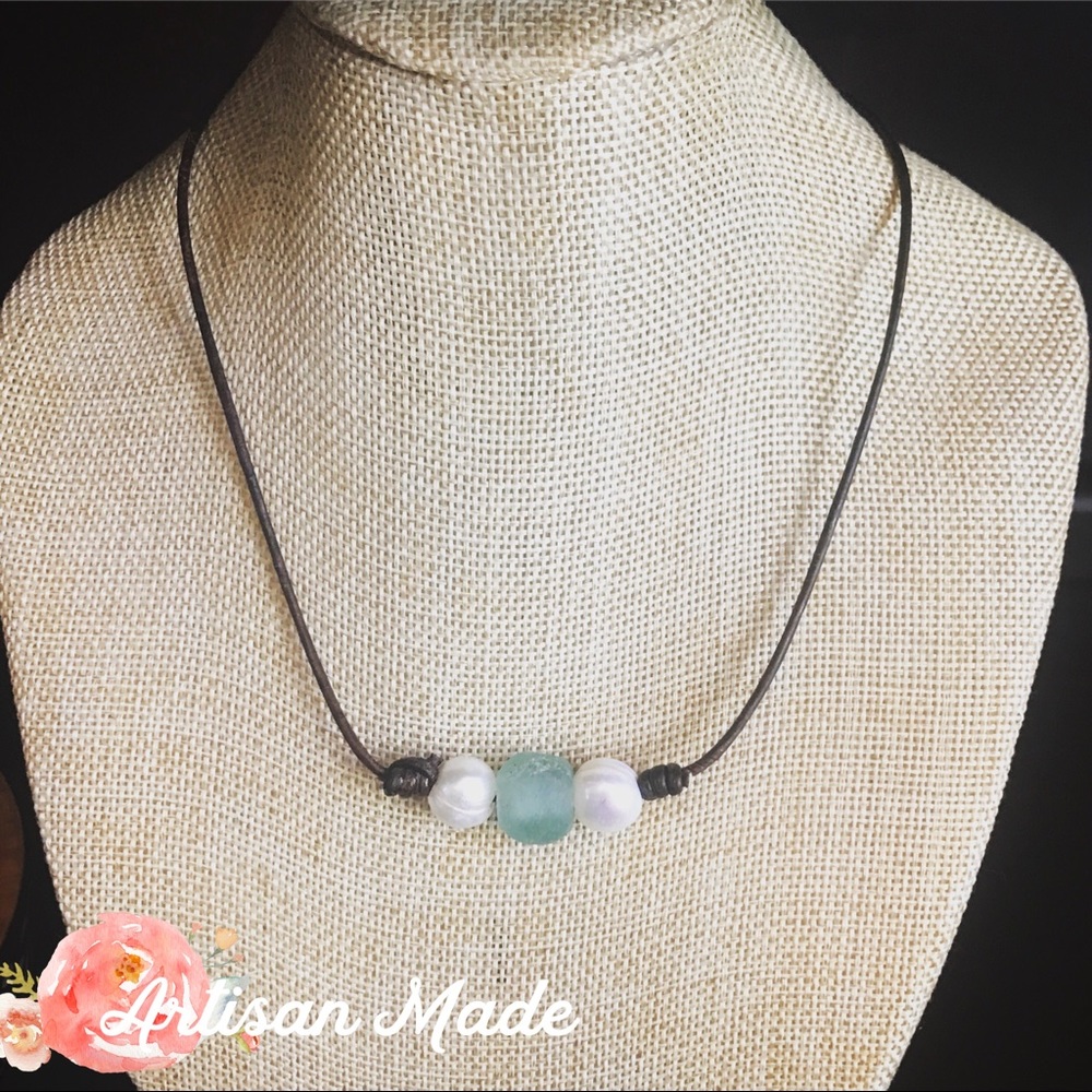 NEW Leather Pearl Sea Glass Knot Choker Necklace