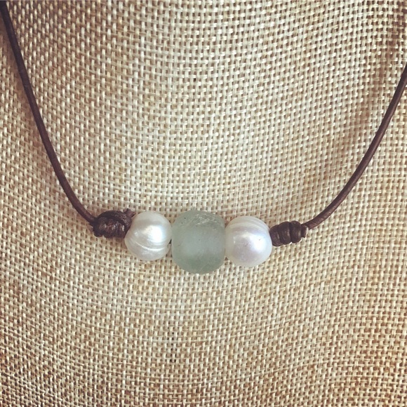 NEW Leather Pearl Sea Glass Knot Choker Necklace - Picture 2 of 9