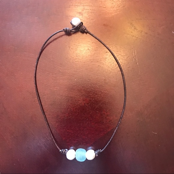 NEW Leather Pearl Sea Glass Knot Choker Necklace - Picture 3 of 9