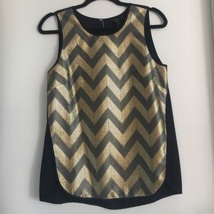 J Crew Navy and Gold Metallic Chevron Tank