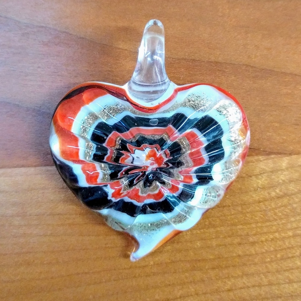 Red, Black, and Gold Swirl Glass Heart Pendant
