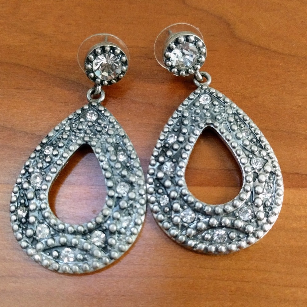 Silver-Colored Earrings with Rhinestone Accents