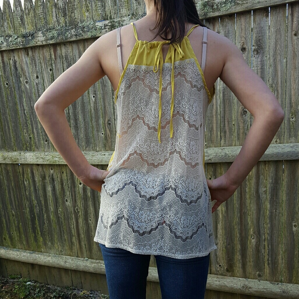 Yellow mustard shirt with lace back.