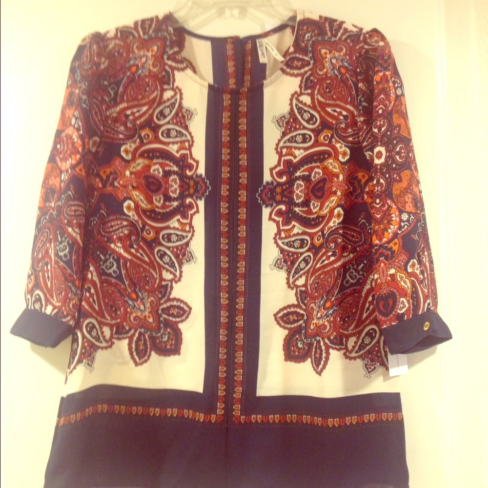 Navy  and white  print blouse
