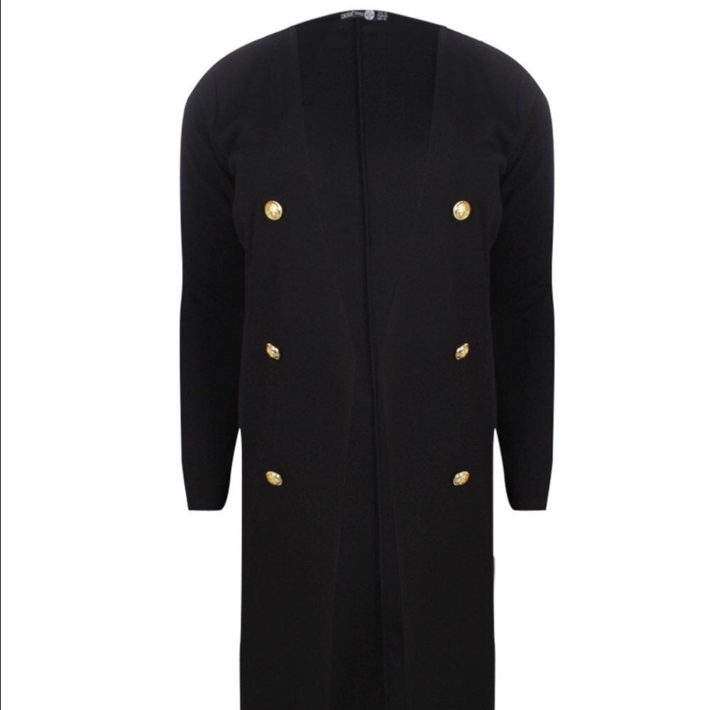 Black duster with gold buttons