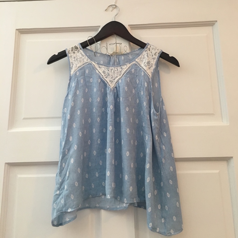 Blue and White Print Tank with Lace Detail