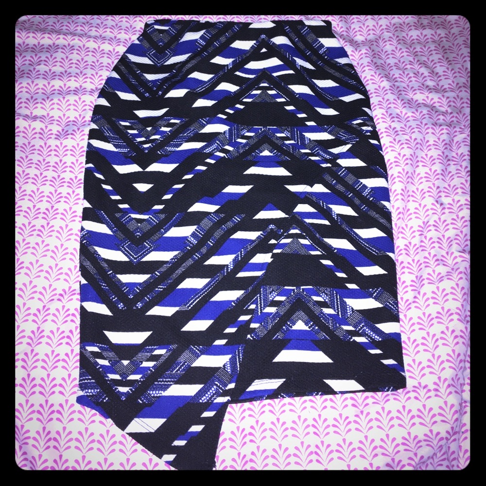 Black, white, and blue pencil skirt.