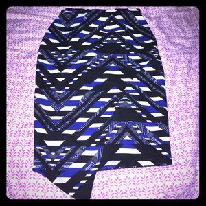 Black, white, and blue pencil skirt.