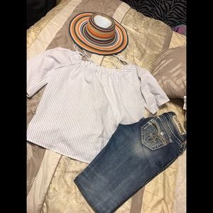 STRIPPED OFF THE SHOULDER SHIRT ONLY