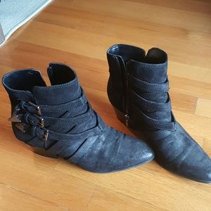 Enzo black suede buckle booties