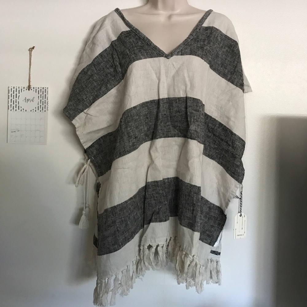 cream & black stripe fringe v neck poncho dress