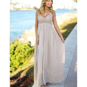 Taupe lace maxi dress with open back