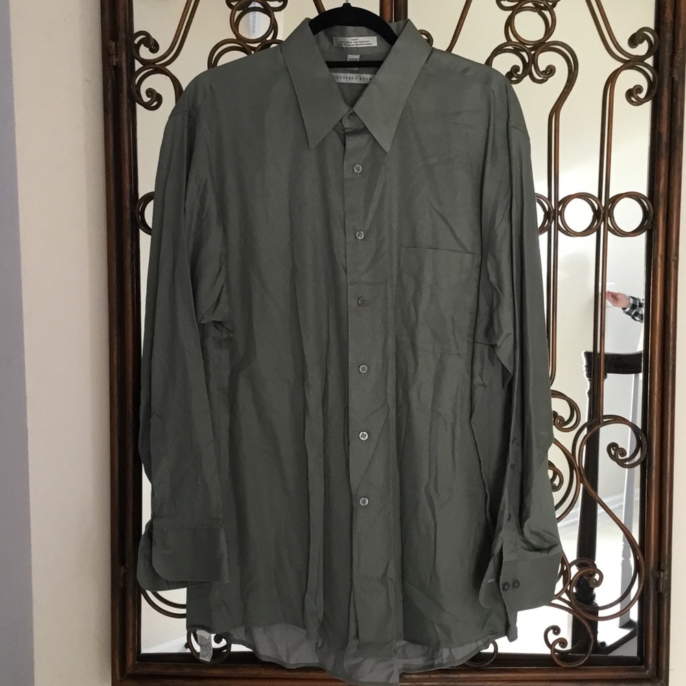 Long sleeve sage green button down shirt.