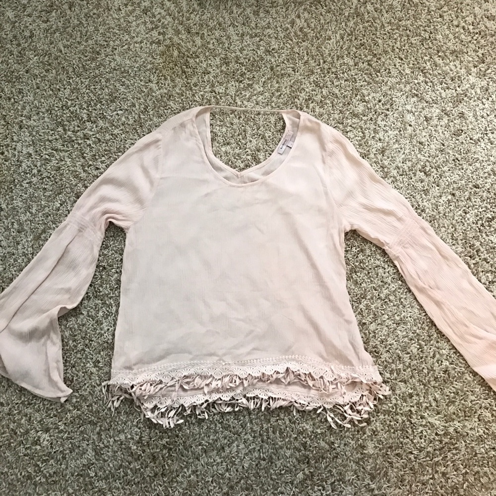 Light pink peasant shirt with fringe