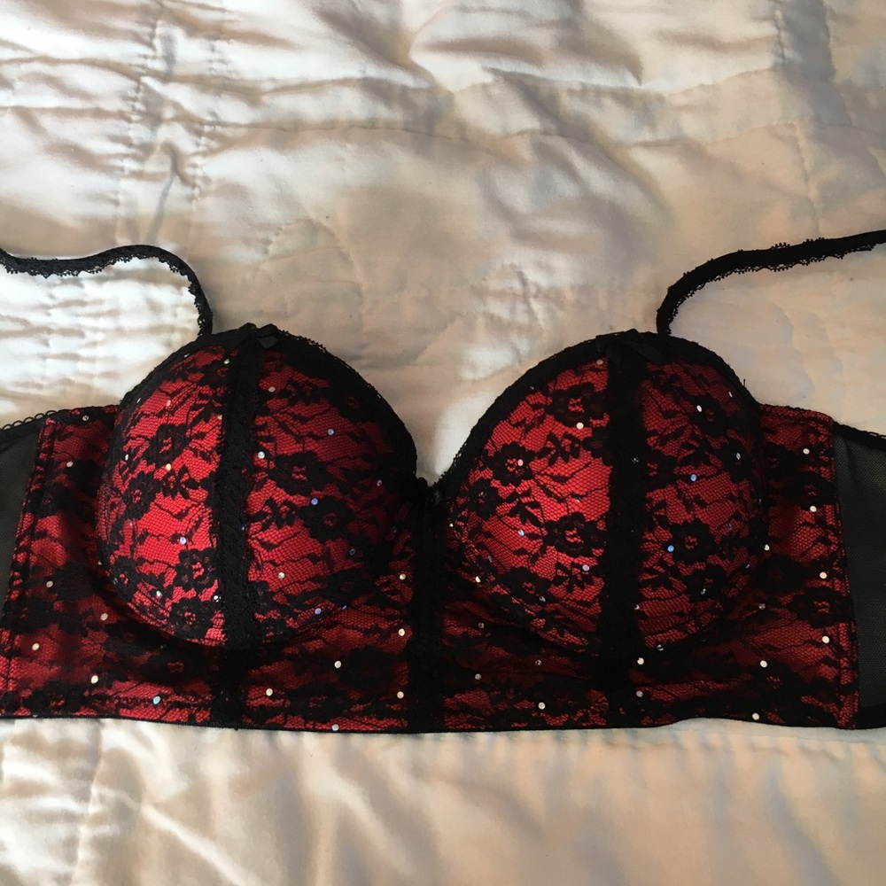 Red and black lace bra with rhinestone details