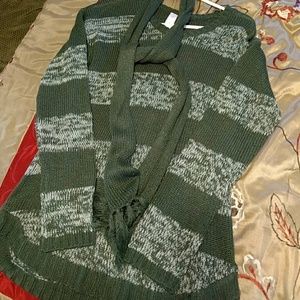Olive green- white striped sweater & scarf