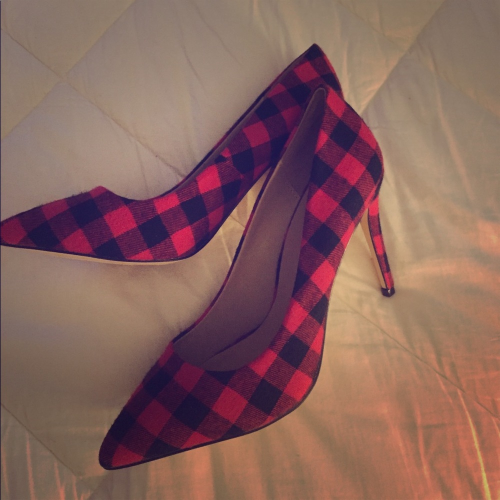Red and black plaid heels