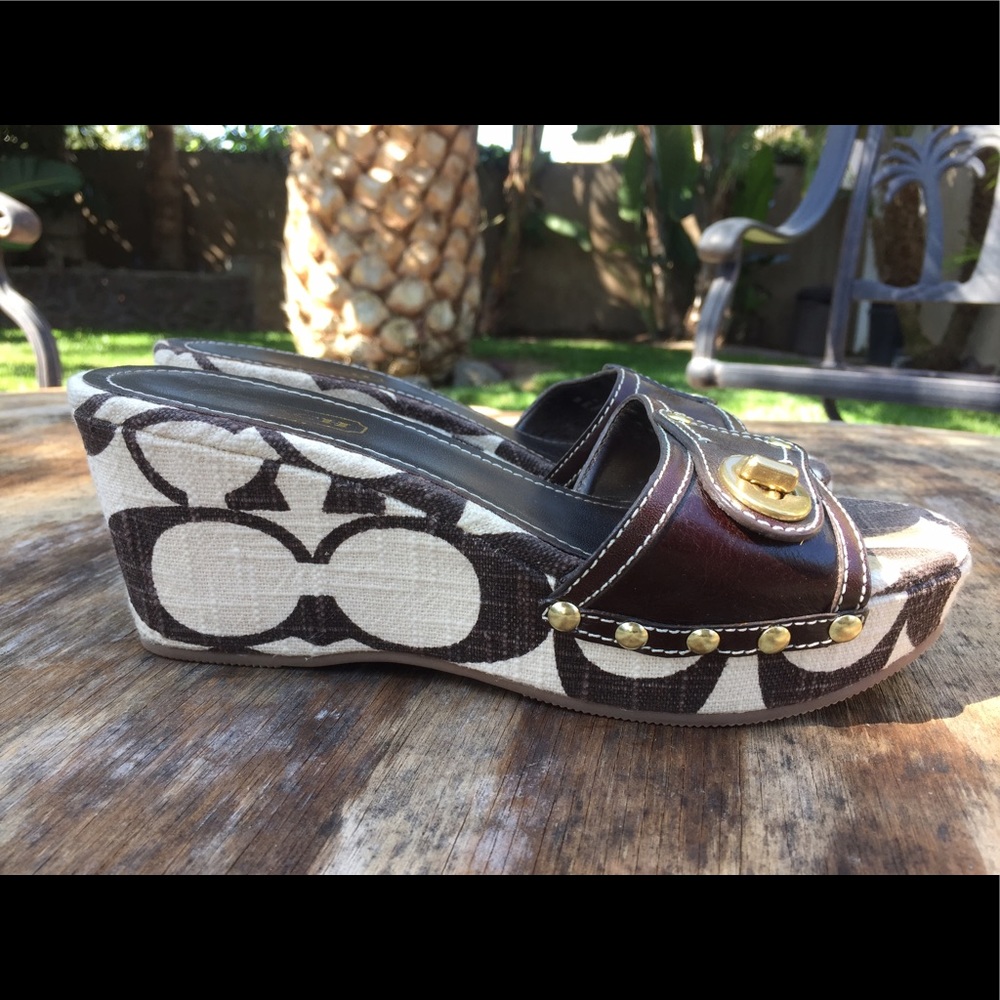 Coach canvas and leather mini wedge slides size 7.