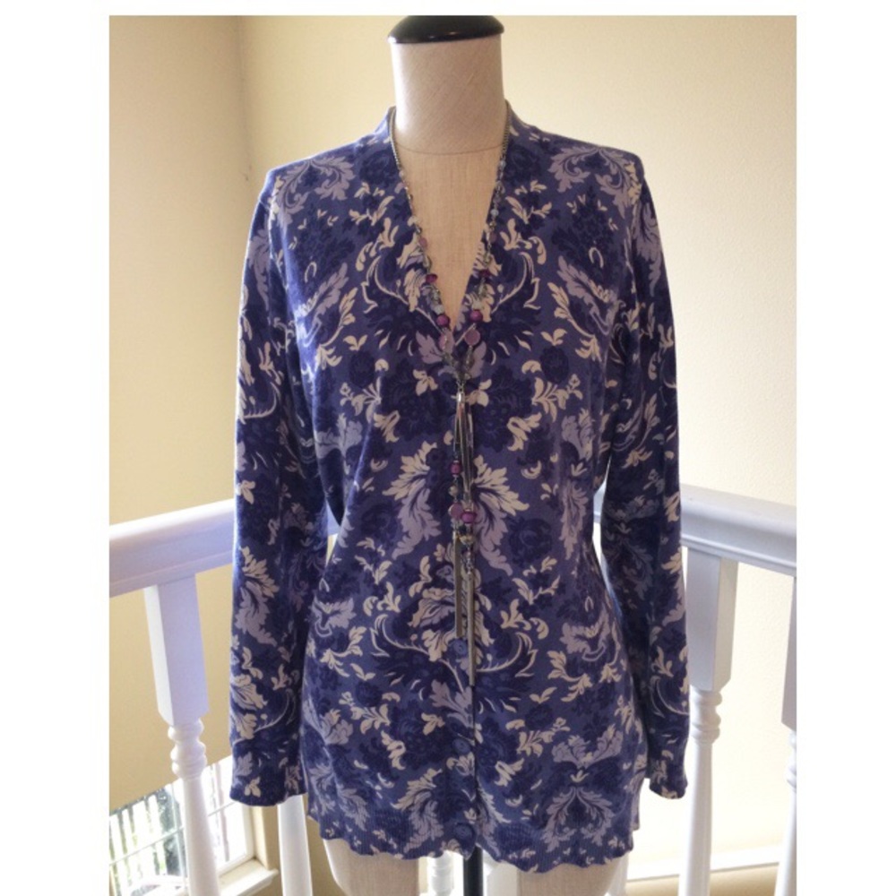 EUC Liz Claiborne Purple Damask Print Cardigan - L