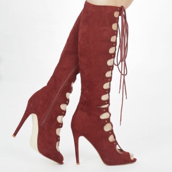 Knee High suede burgundy heels - Picture 2 of 5