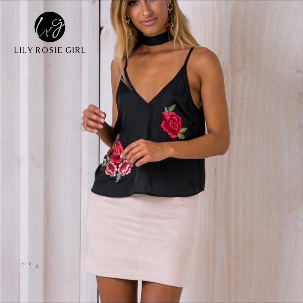Satin neck tie embroidered tank top