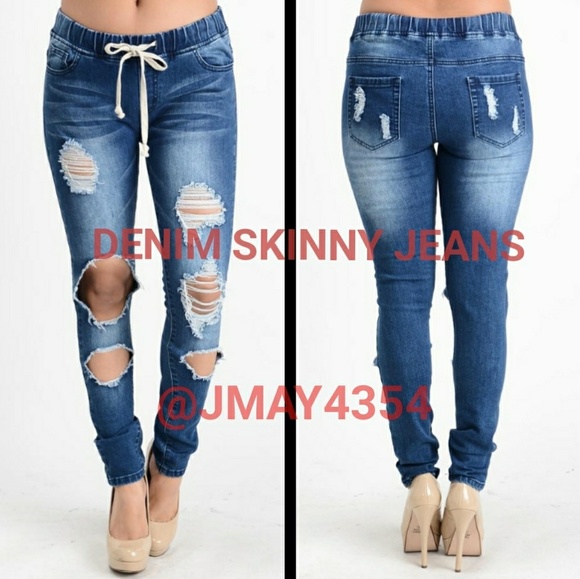 💦LAST ONE💦DISTRESSED DENIM DRAWSTRING JOGGERS - Picture 4 of 7