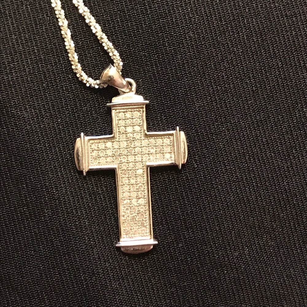 10K white gold diamond cross and necklace.