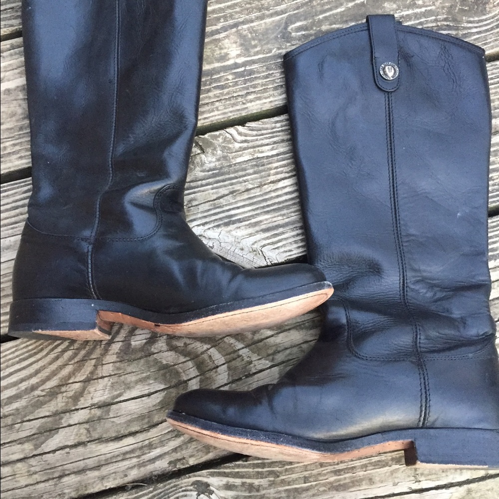 Frye pull on black leather riding boots