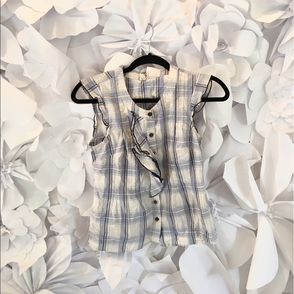 Button up plaid top with ruffle detail