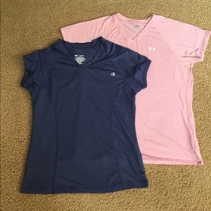 Two sport tops. Pink Under Armour & blue Champion