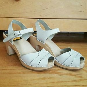 Swedish Hasbeens Blue Wood Clog Sandal Heels