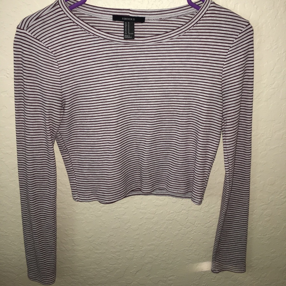 Maroon and grey striped long sleeve crop top
