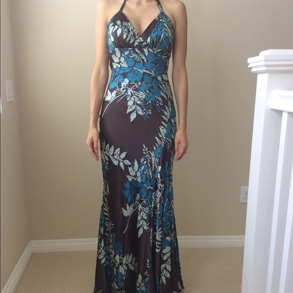 SALE Brown, teal, and mint green silk evening gown