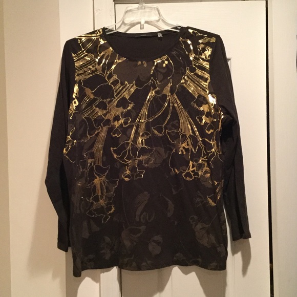 Tahari 2x brown with gold embellished cotton tee - Picture 1 of 7