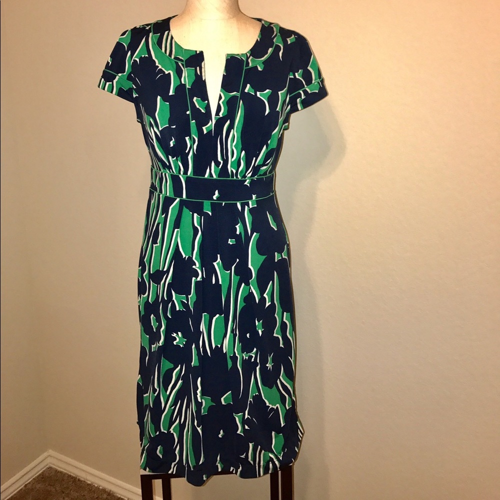 BCBG blue and green dress with cap sleeves.
