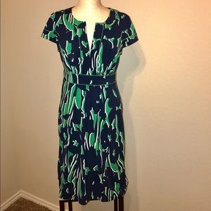 BCBG blue and green dress with cap sleeves.
