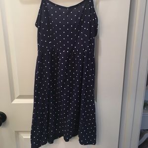 This is a navy and white polka dot dress.