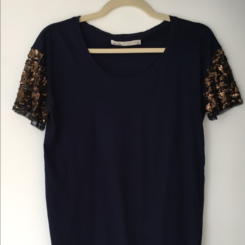 Hi-line navy blue scoop neck sequined shirt