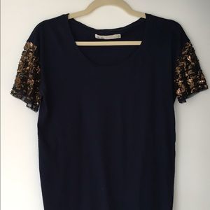 Hi-line navy blue scoop neck sequined shirt