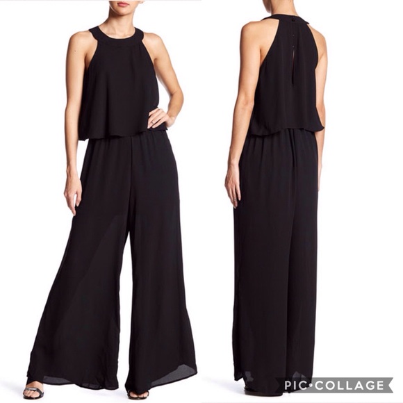 JULIA Black Popover Halter Jumpsuit W/ palazzo leg - Picture 3 of 4