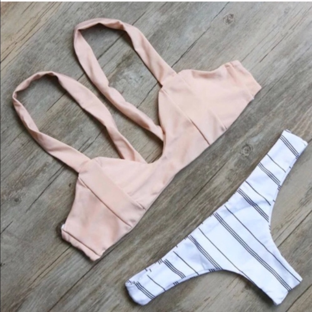 Nude & white strip very cheeky bikini
