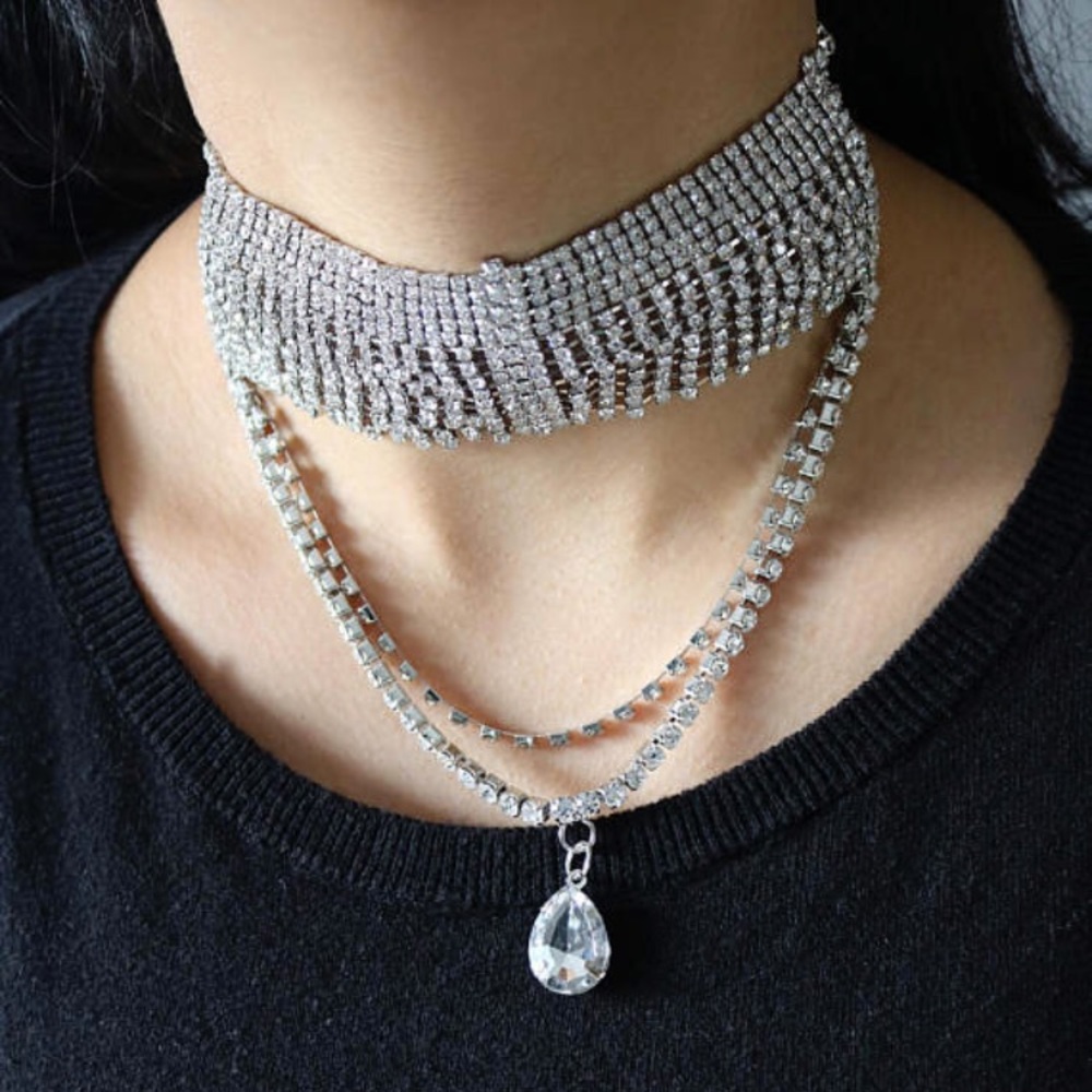 Rhinestone Crystal Layered Necklace.