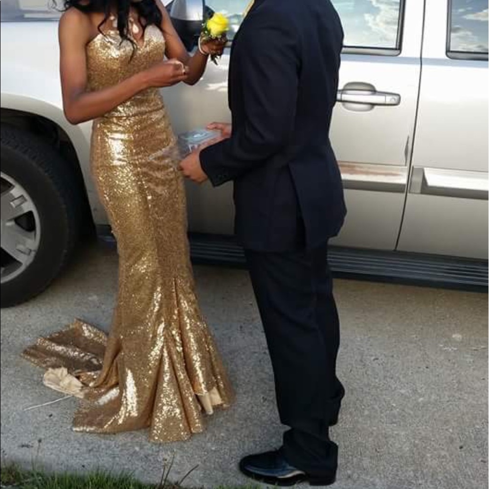 Gold train prom dress