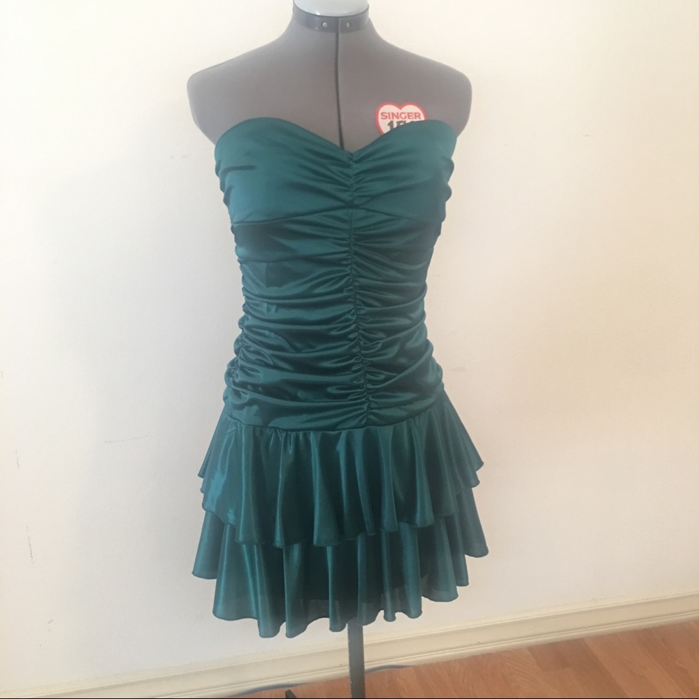 Green satin strapless dress