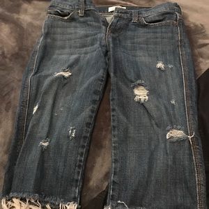 Distressed jean shorts.